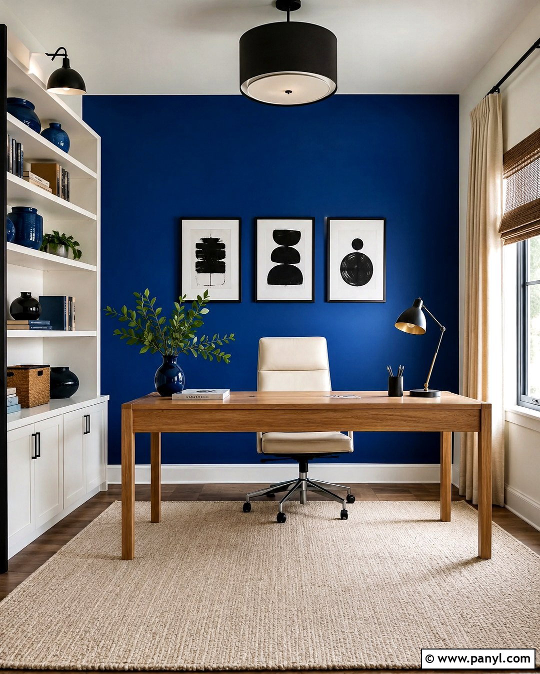 Cobalt Blue Office Accent Wall With Neutral Decor - 20 Blue Paint For Office Walls