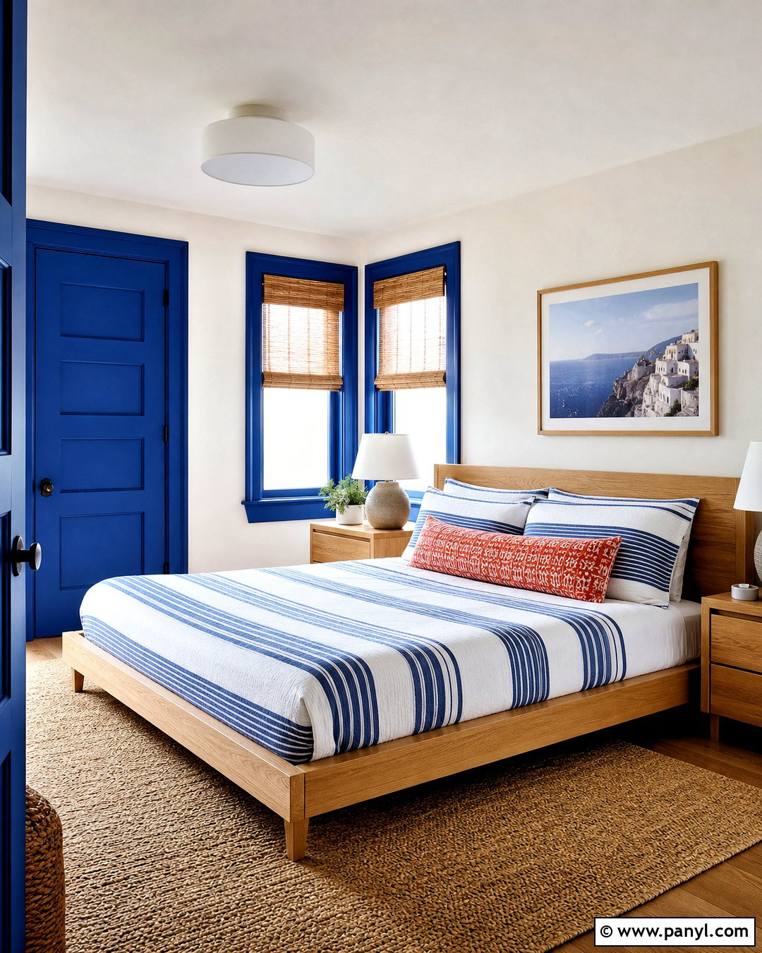 Cobalt Blue Trim Bedroom With Striped Bedding - 20 blue trim bedroom ideas