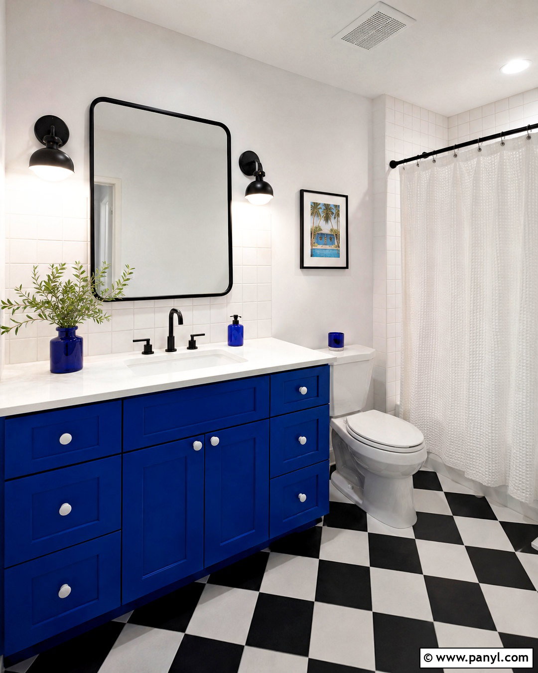Cobalt Blue Vanity With Checkerboard Floor - 20 blue vanity bathroom ideas