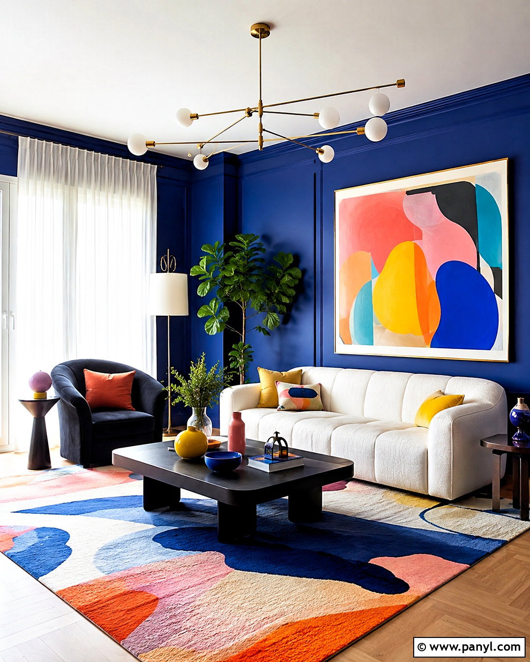 Cobalt Blue Walls With Colorful Art - 20 blue walls living room ideas