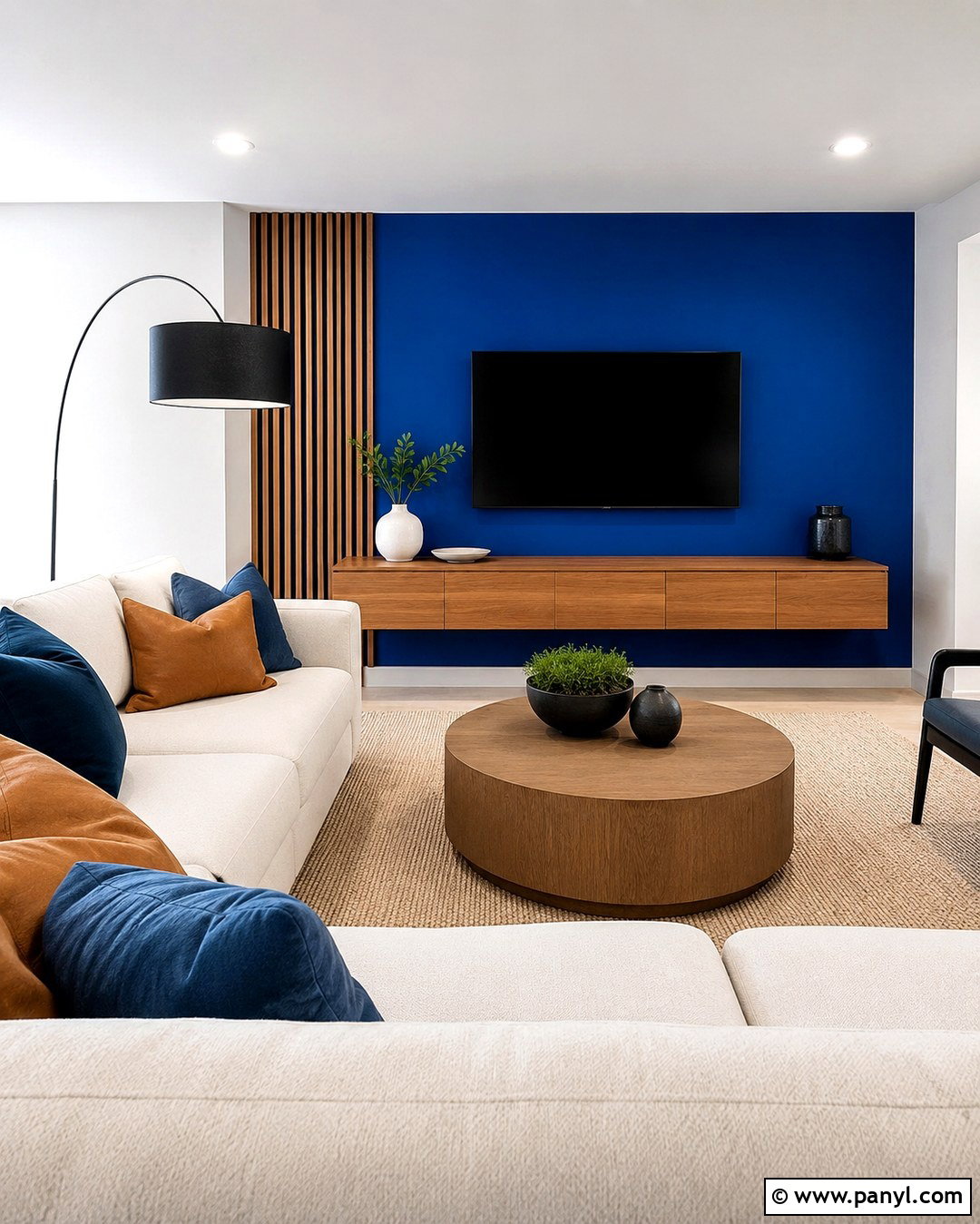 Cobalt TV Wall With Wood Slats - 20 Cobalt Wall Ideas