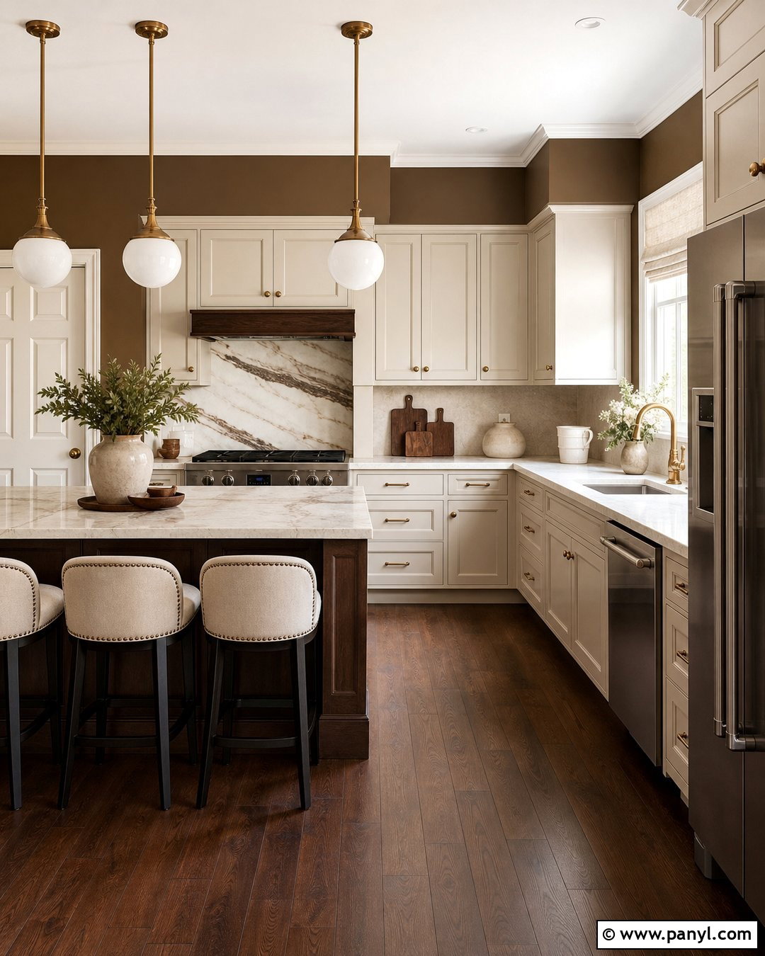 Cocoa Brown Kitchen Walls With Brass Accents - 35 Brown Kitchen Walls