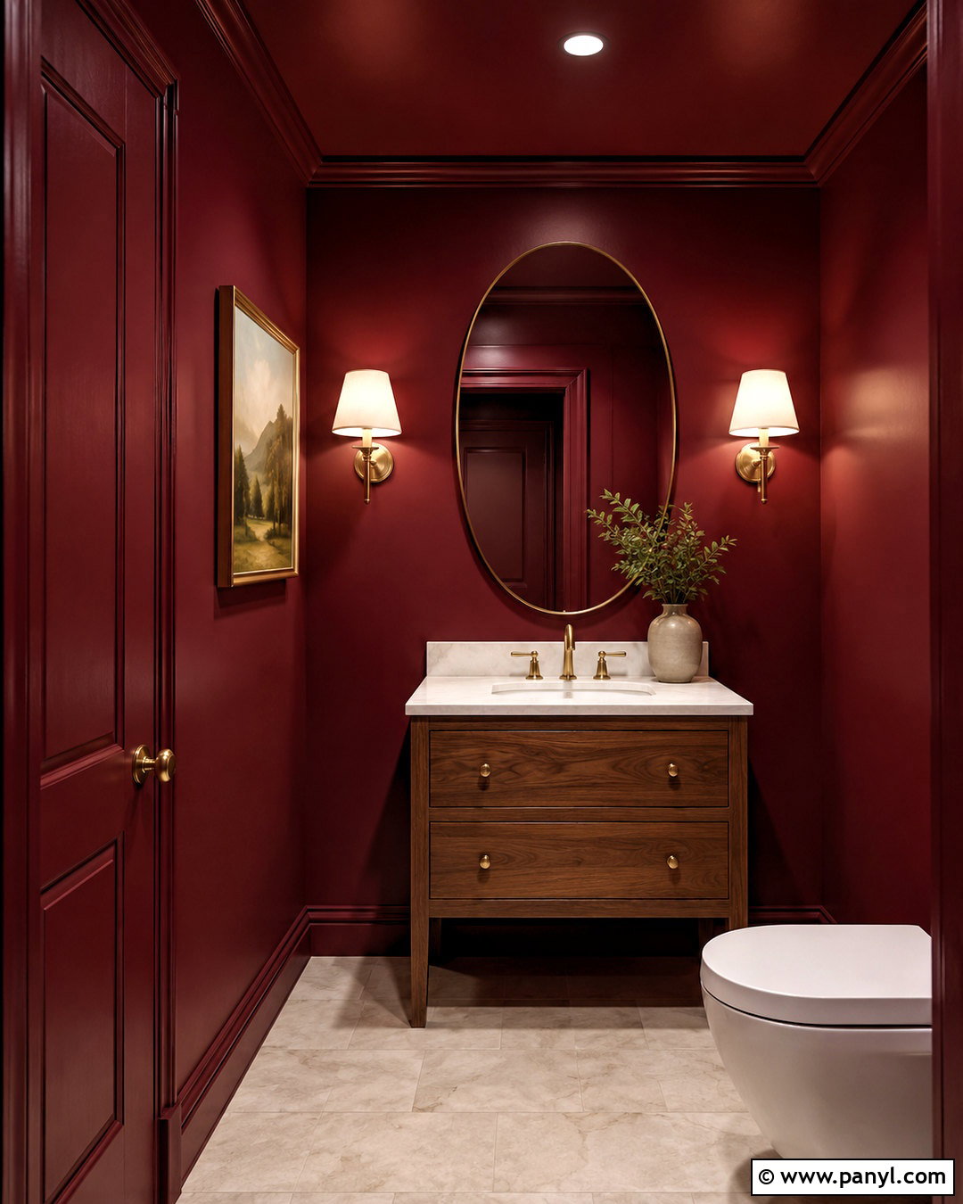 Color-Drenched Burgundy Powder Room - 20 burgundy powder room ideas