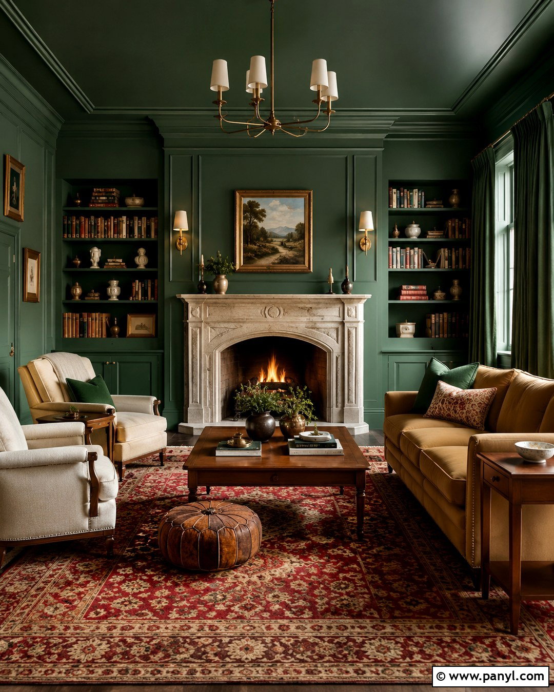 Color-Drenched Green Fireplace Room - 20 Green Wall Behind Fireplace Ideas