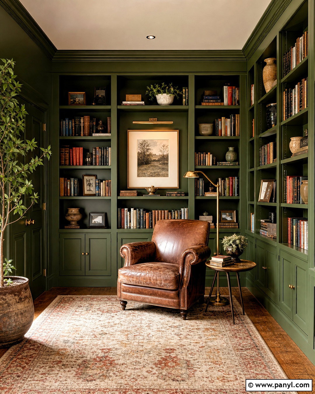 Color-Drenched Green Library Wall - 20 green wall decor ideas