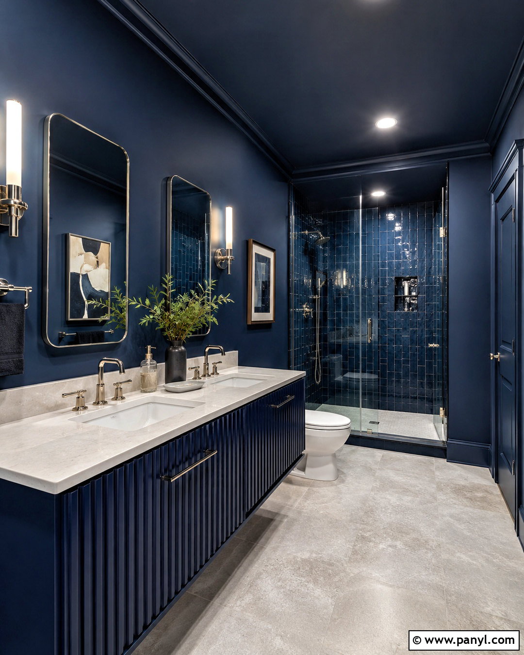 Color-Drenched Midnight Blue Bathroom - 20 midnight blue bathroom ideas
