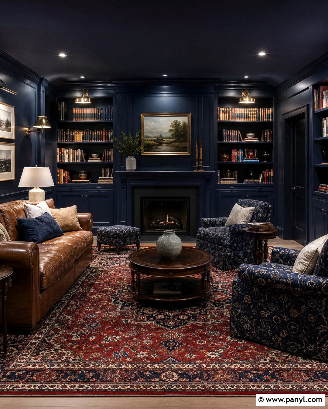 Color Drenched Navy Basement Library - 20 Basement Blue Walls