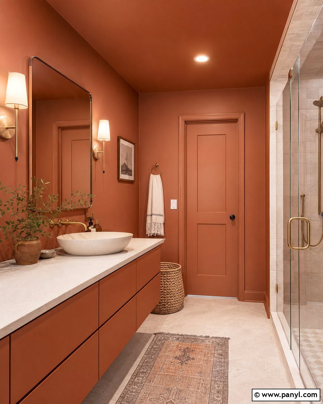 Color-Drenched Red Wall Bathroom - 20 Red Wall Bathroom Makeover Ideas