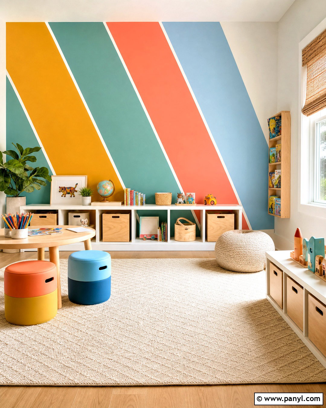 Colorful Diagonal Playroom Stripes - 20 stripe paint ideas for walls