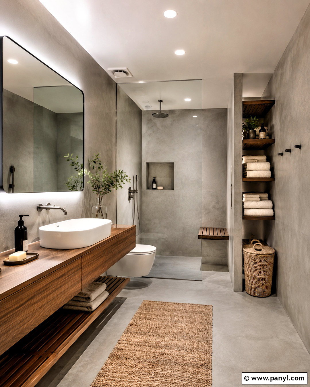 Concrete Gray Bathroom With Wood Accents - 20 modern gray bathroom ideas