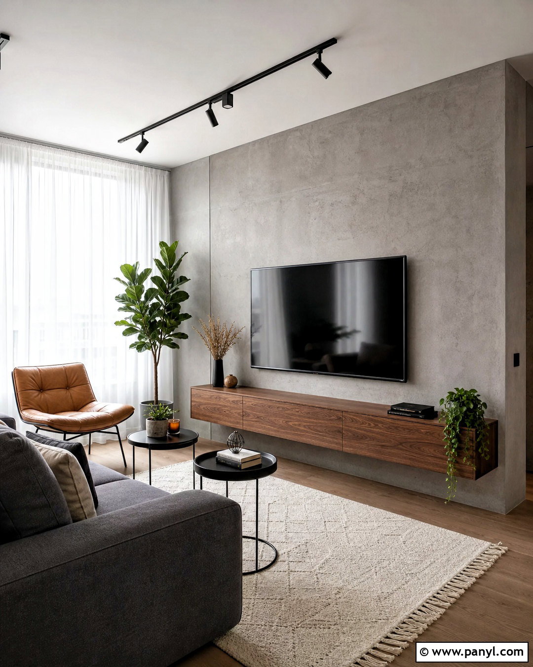 Concrete Look TV Wall With Modern Furniture - 20 small living room tv wall ideas