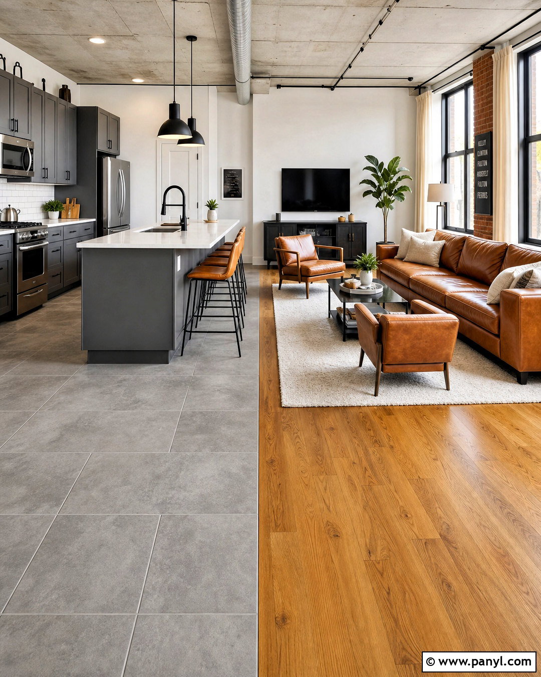 Concrete Look Tile And Warm Oak Hardwood - 20 tile and hardwood floor combination ideas