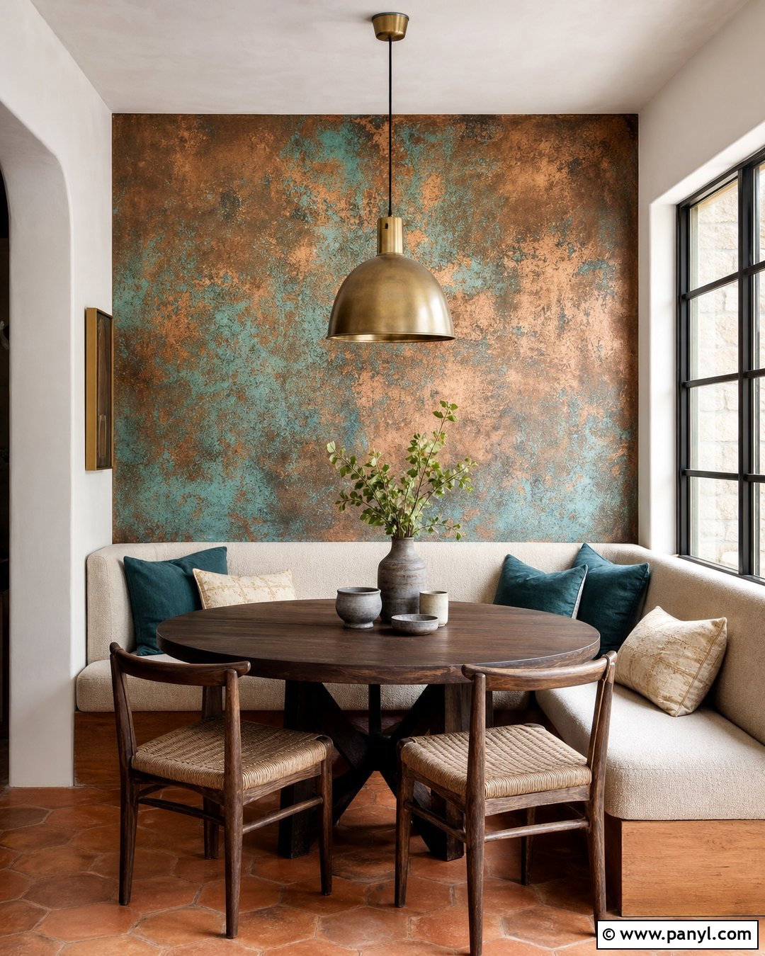 Copper Patina Metallic Paint Accent Wall Breakfast Nook - 20 Metallic Paint Accent Wall Ideas