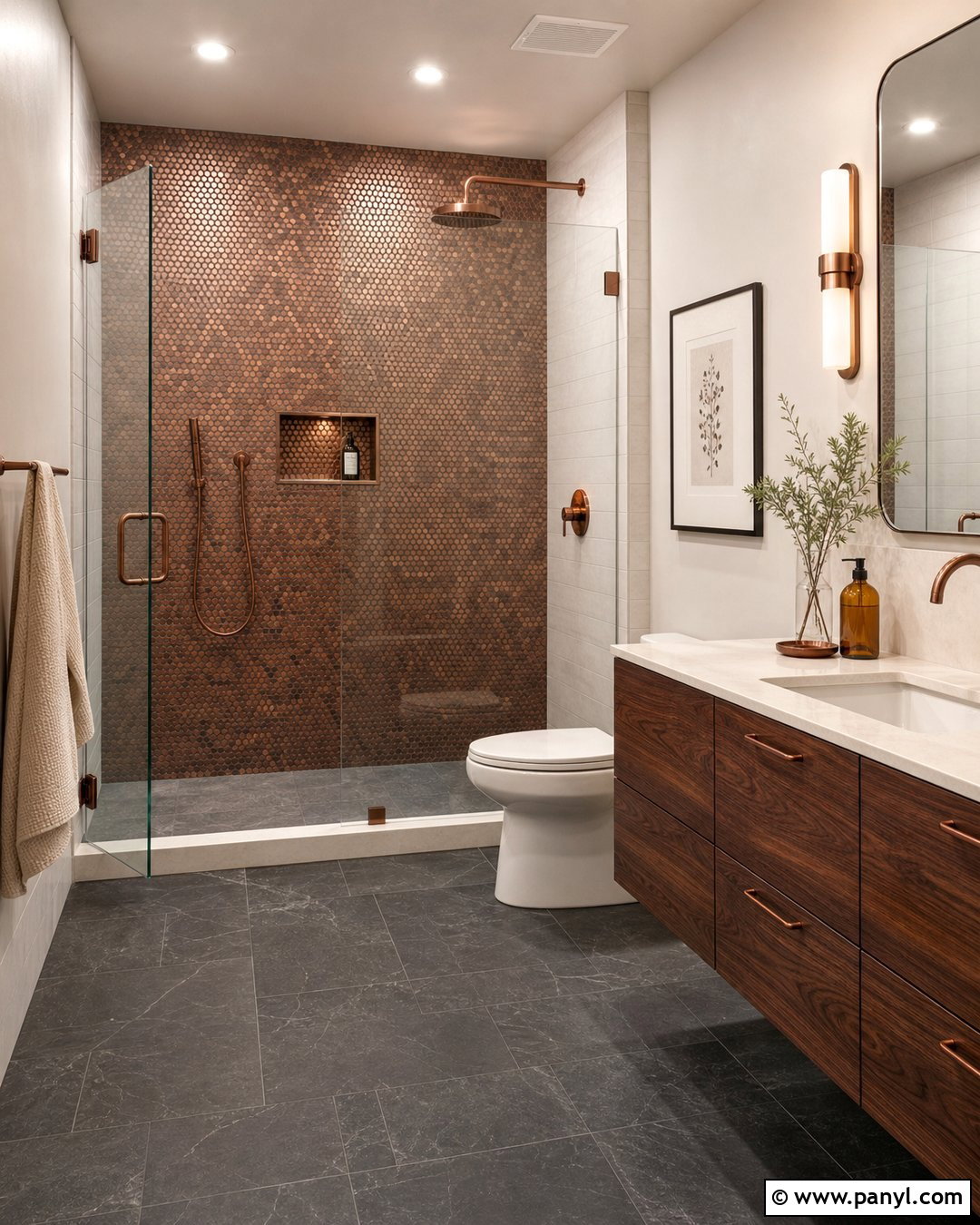 Copper Penny Tile Shower Wall - 20 Metallic Accent Wall Bathroom Ideas
