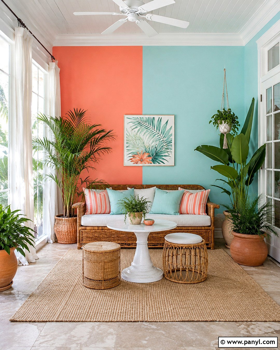 Coral And Aqua Vertical Half-Painted Sunroom - 20 Room Painted Half And Half Ideas