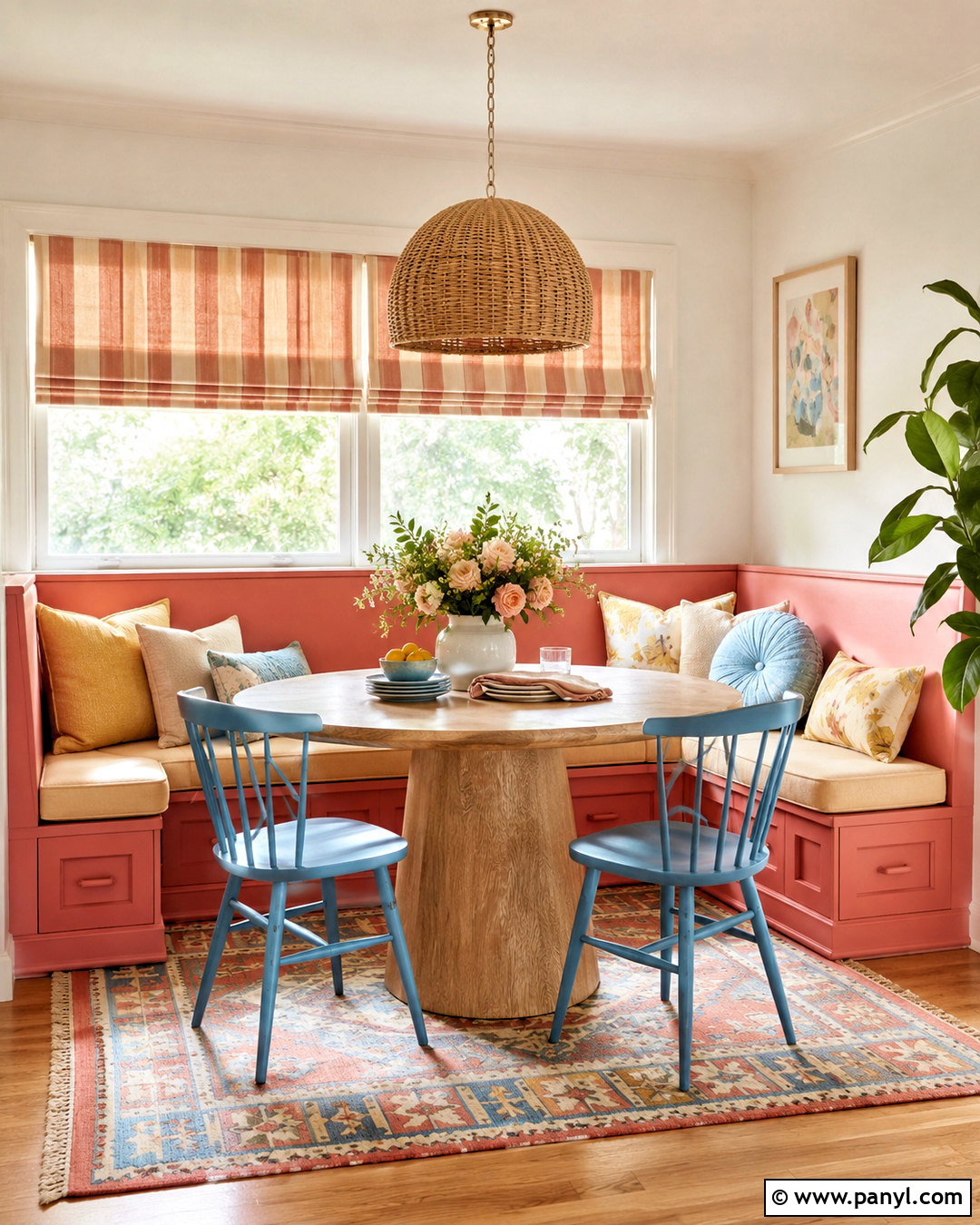 Coral And Soft Yellow Breakfast Nook - 20 coral color palette ideas