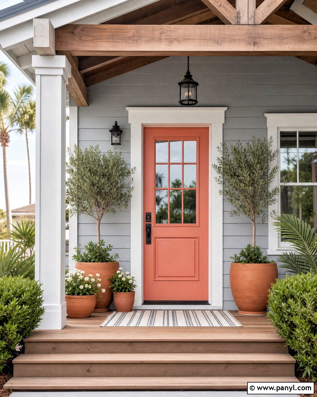 Coral Front Door With Gray House - 20 grey house door color ideas
