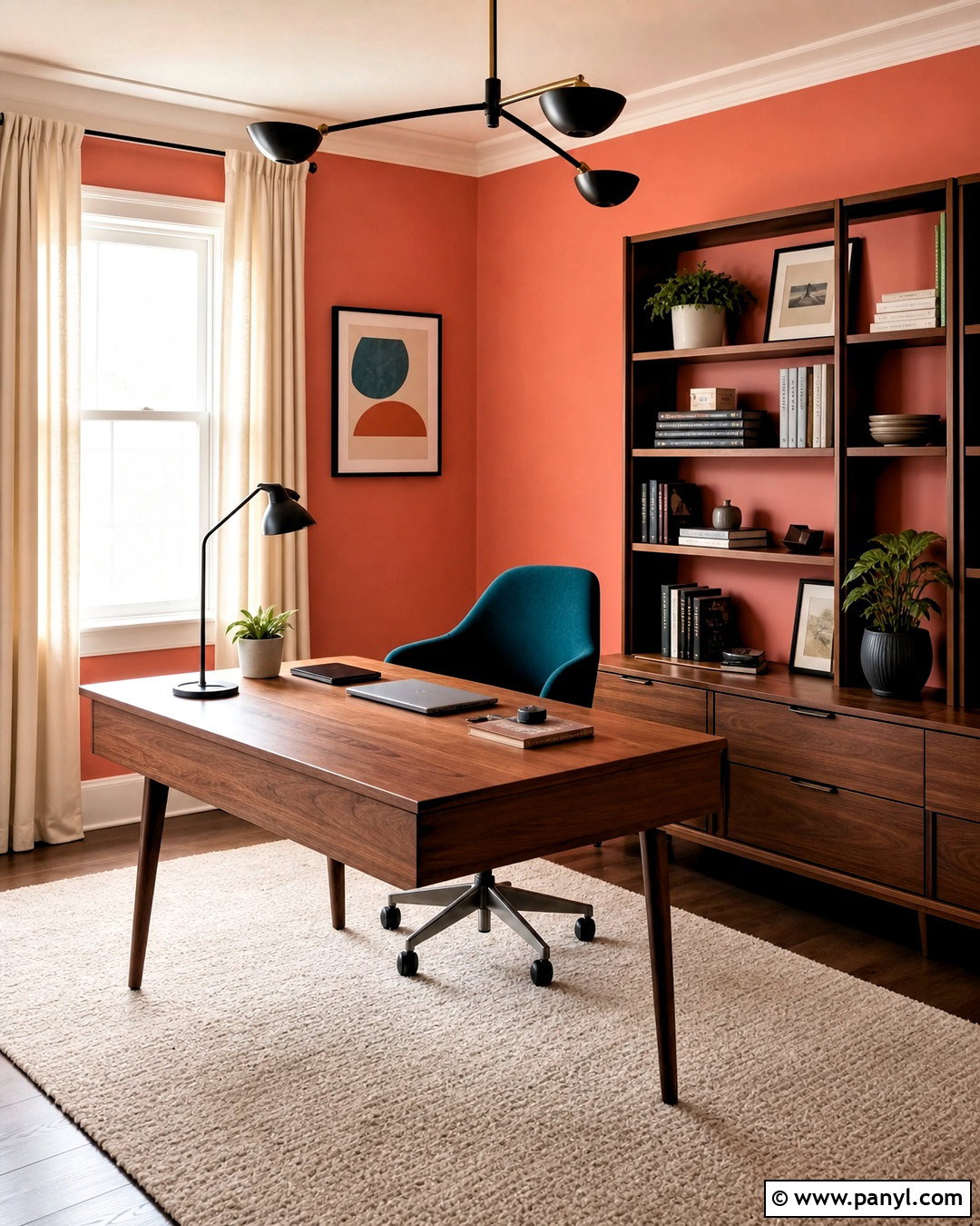 Coral Home Office With Walnut Furniture - 20 coral wall paint ideas