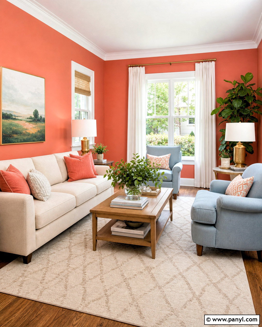 Coral Living Room With White Trim - 20 coral wall paint ideas