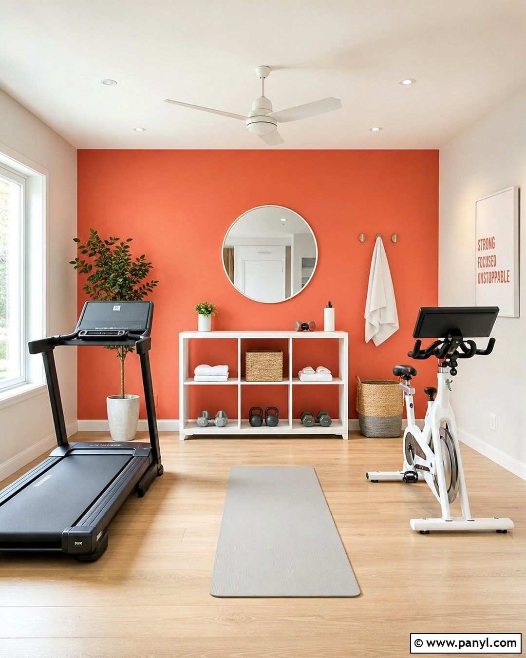 Coral Orange And White Exercise Room - 20 Orange Accent Wall Gym Ideas