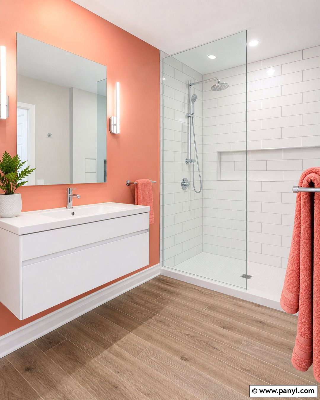 Coral Pink Accent Wall With White Tile - 20 Modern Bathroom With Pink Accent Wall Ideas