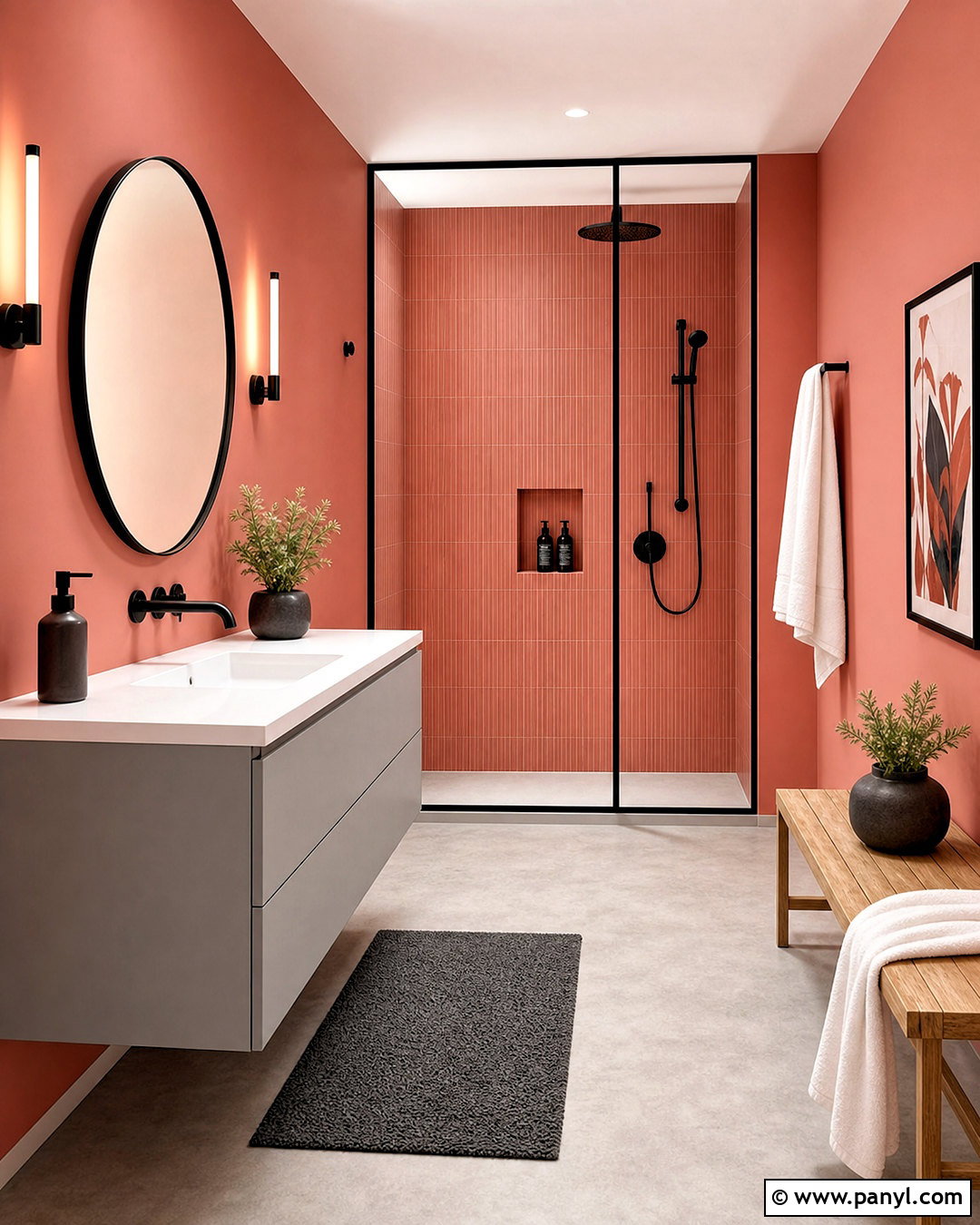 Coral Pink Bathroom With Matte Black Fixtures - 20 modern pink bathroom ideas