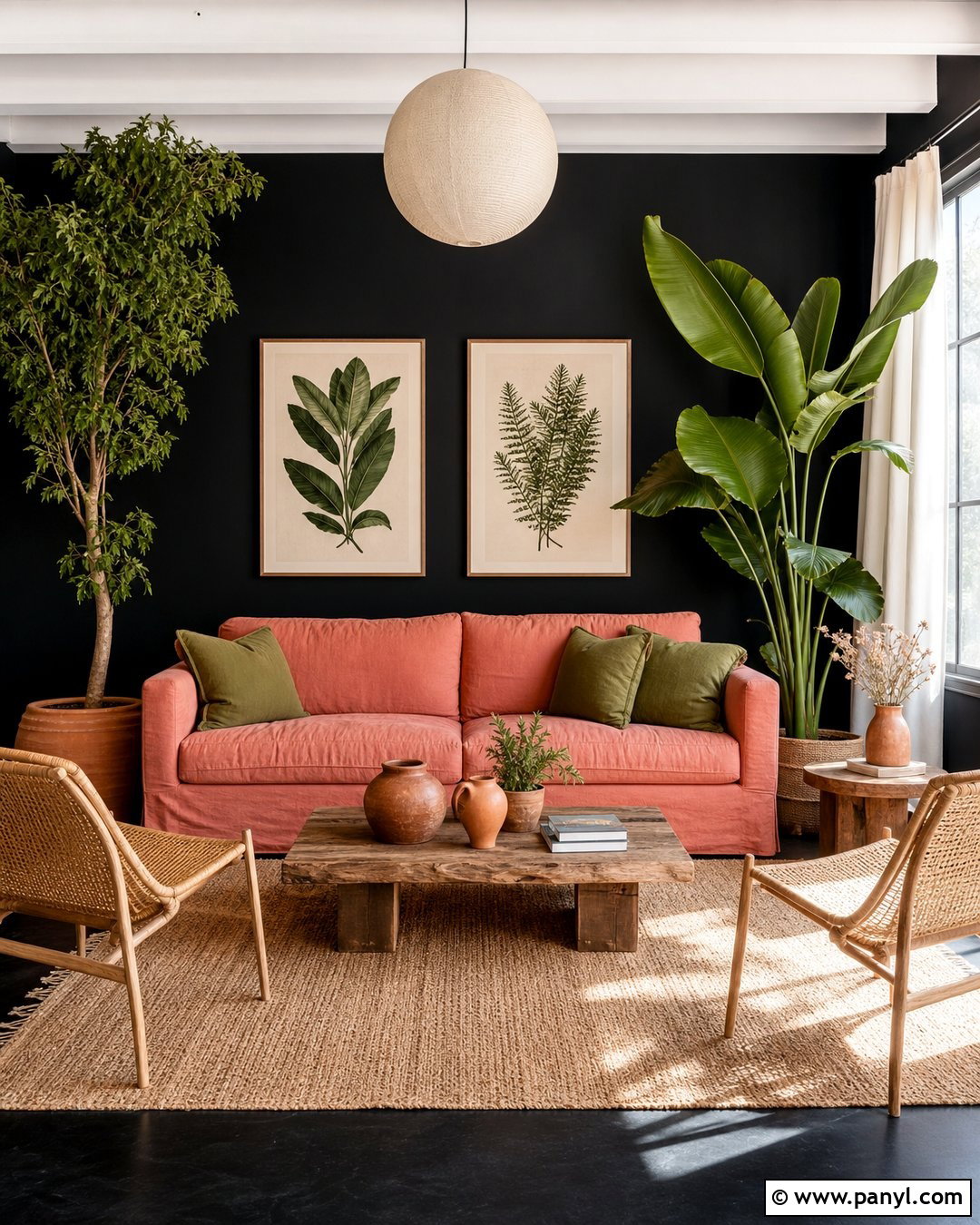 Coral Pink Couch With Black Wall And Green Plants - 20 Pink Couch Black Wall Ideas