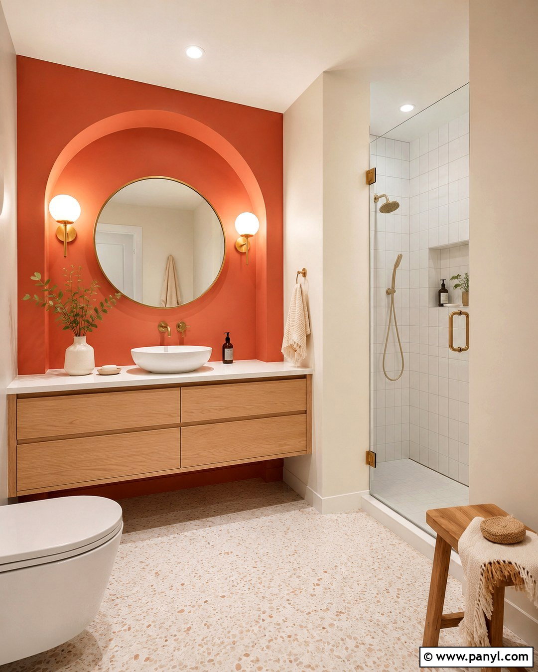 Coral Red Arched Bathroom Wall - 20 Red Accent Wall Bathroom Ideas