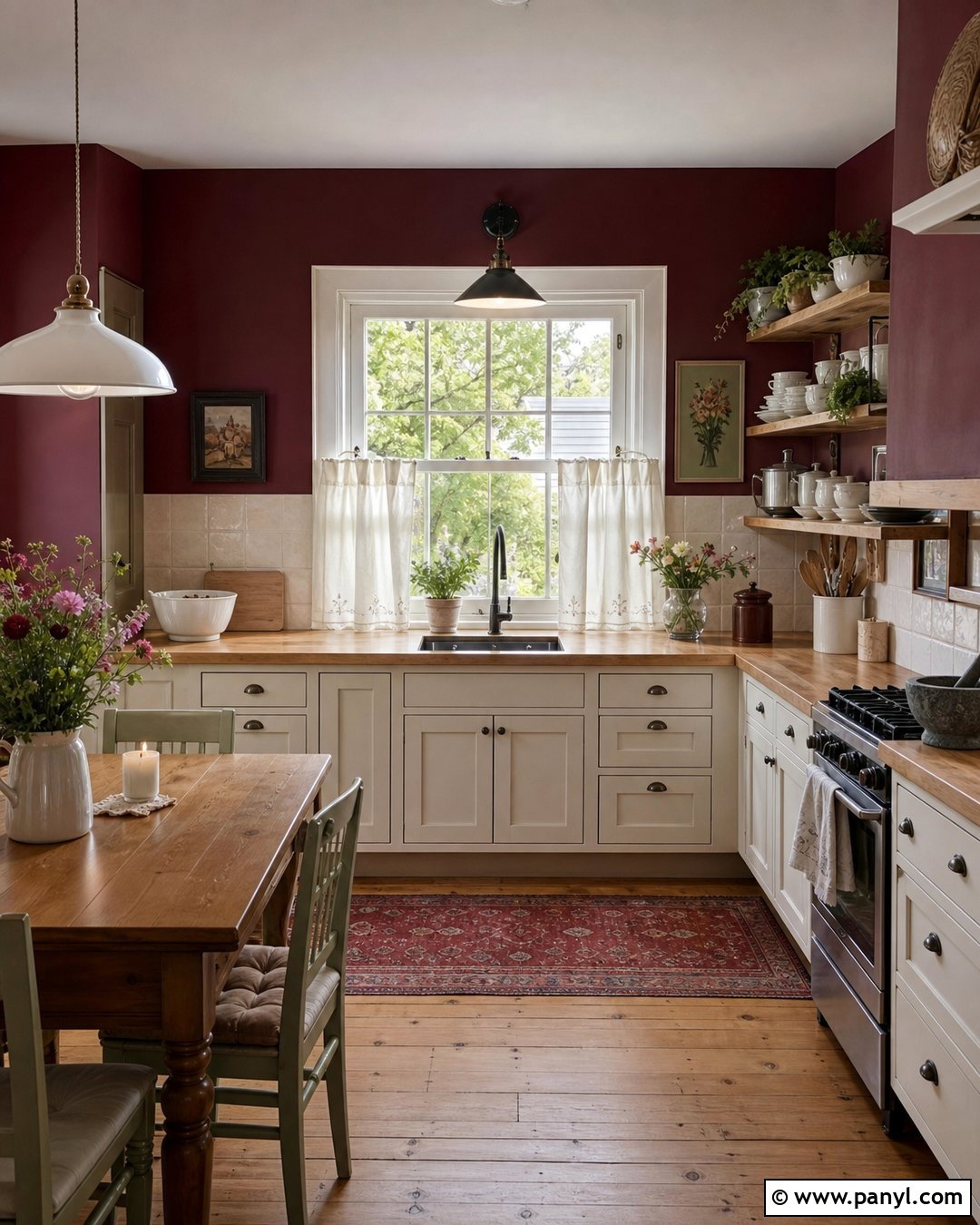 Cottage Kitchen With Burgundy Walls - 35 burgundy kitchen walls