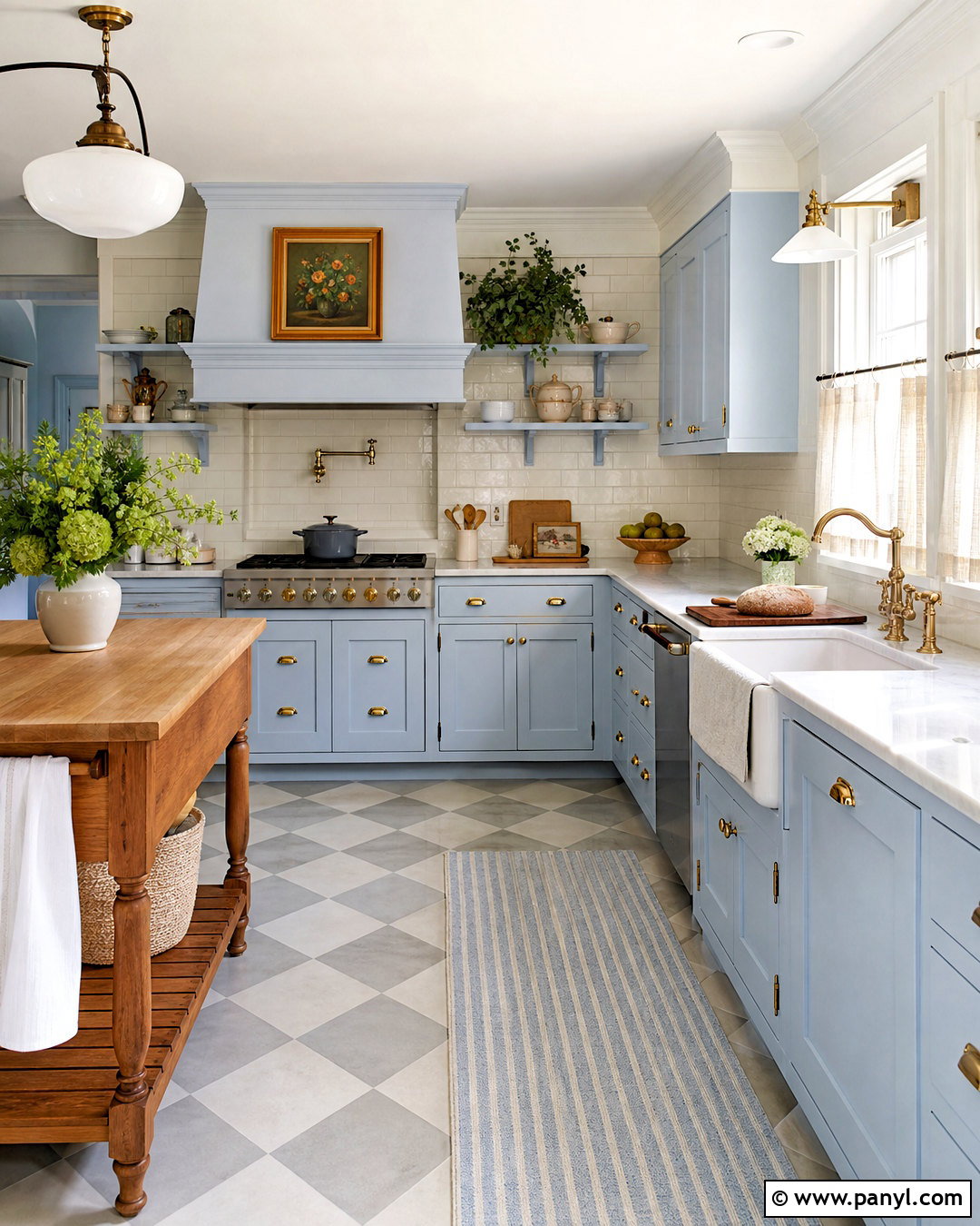Cottage Light Blue Kitchen With Checkerboard Floor - 20 light blue kitchen ideas