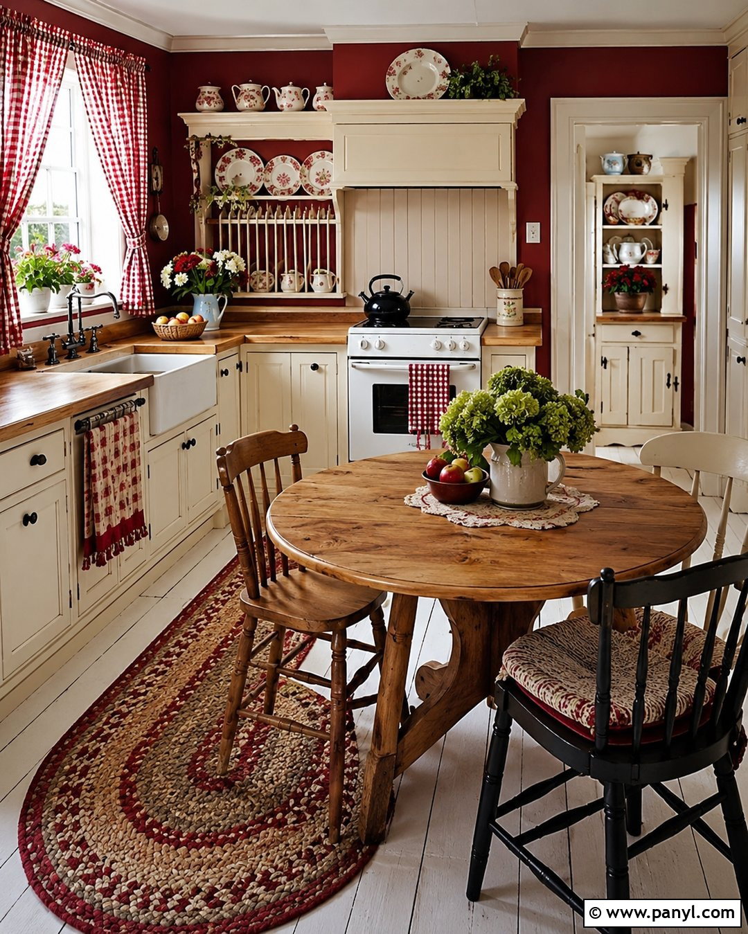 Cottage Vintage Kitchen With Cranberry Red Walls - 20 Vintage Kitchen With Red Walls