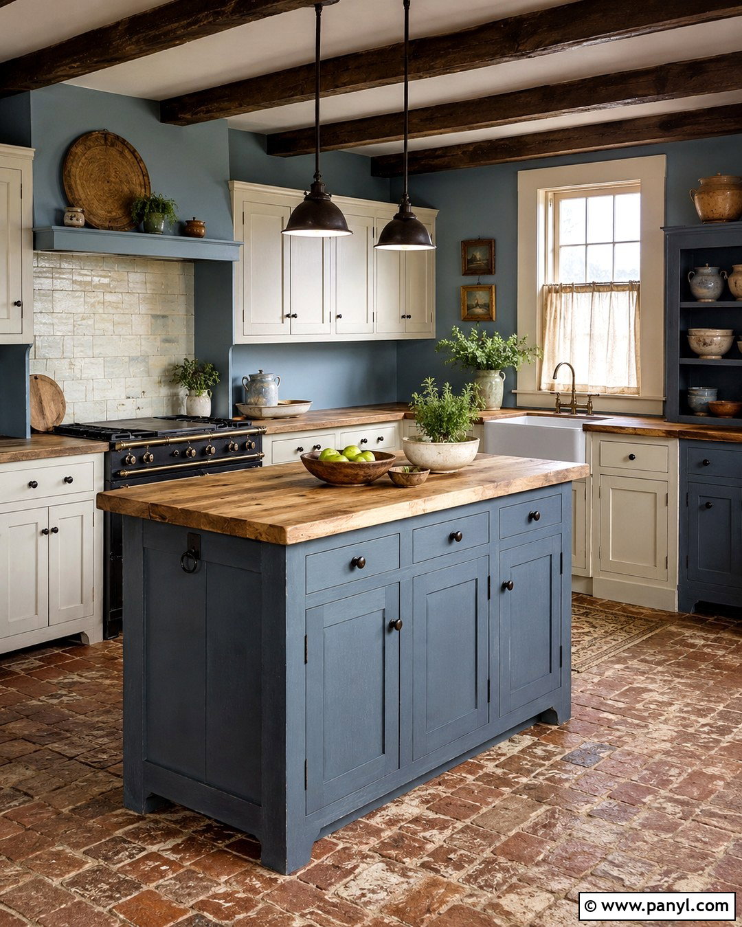 Country Blue Kitchen Walls With Brick Flooring - 20 Country Blue Kitchen Walls