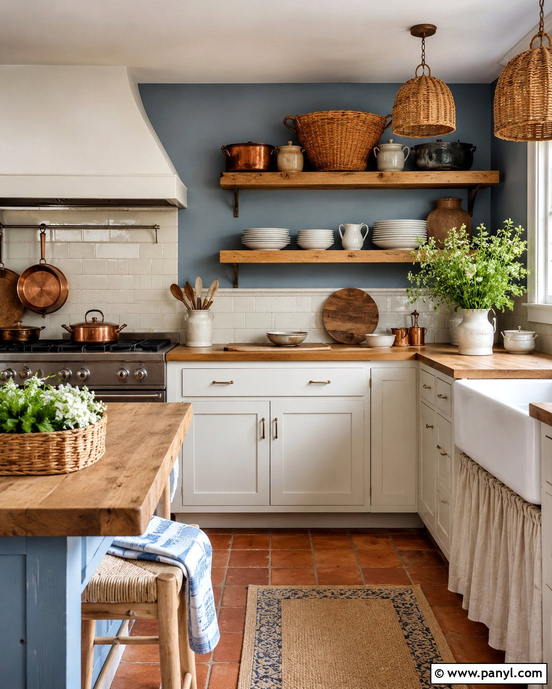 Country Blue Kitchen Walls With Oak Shelves - 20 Country Blue Kitchen Walls