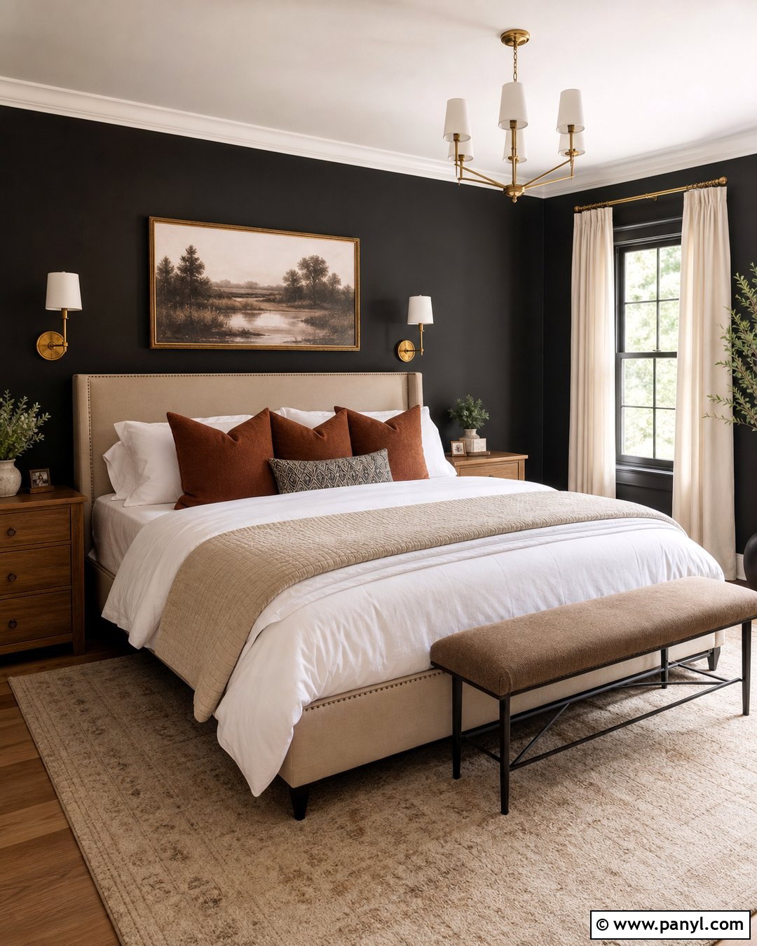 Cozy Black Bedroom With White Trim - 30 Black Walls White Trim Ideas