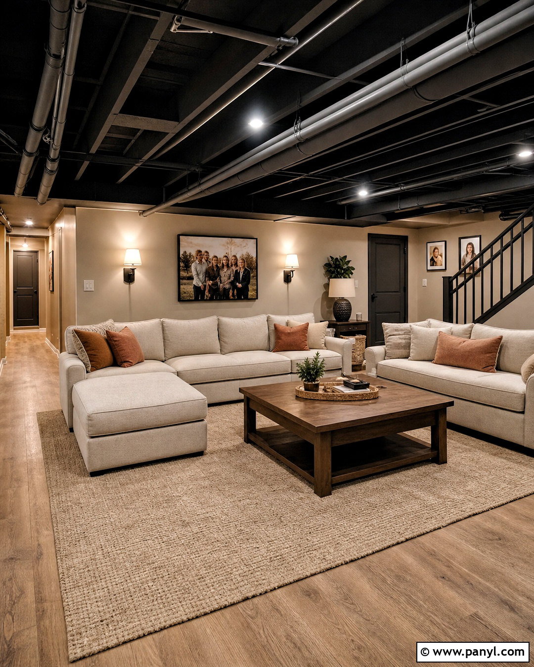 Cozy Family Room With Black Ceiling - 20 basement with black ceiling ideas