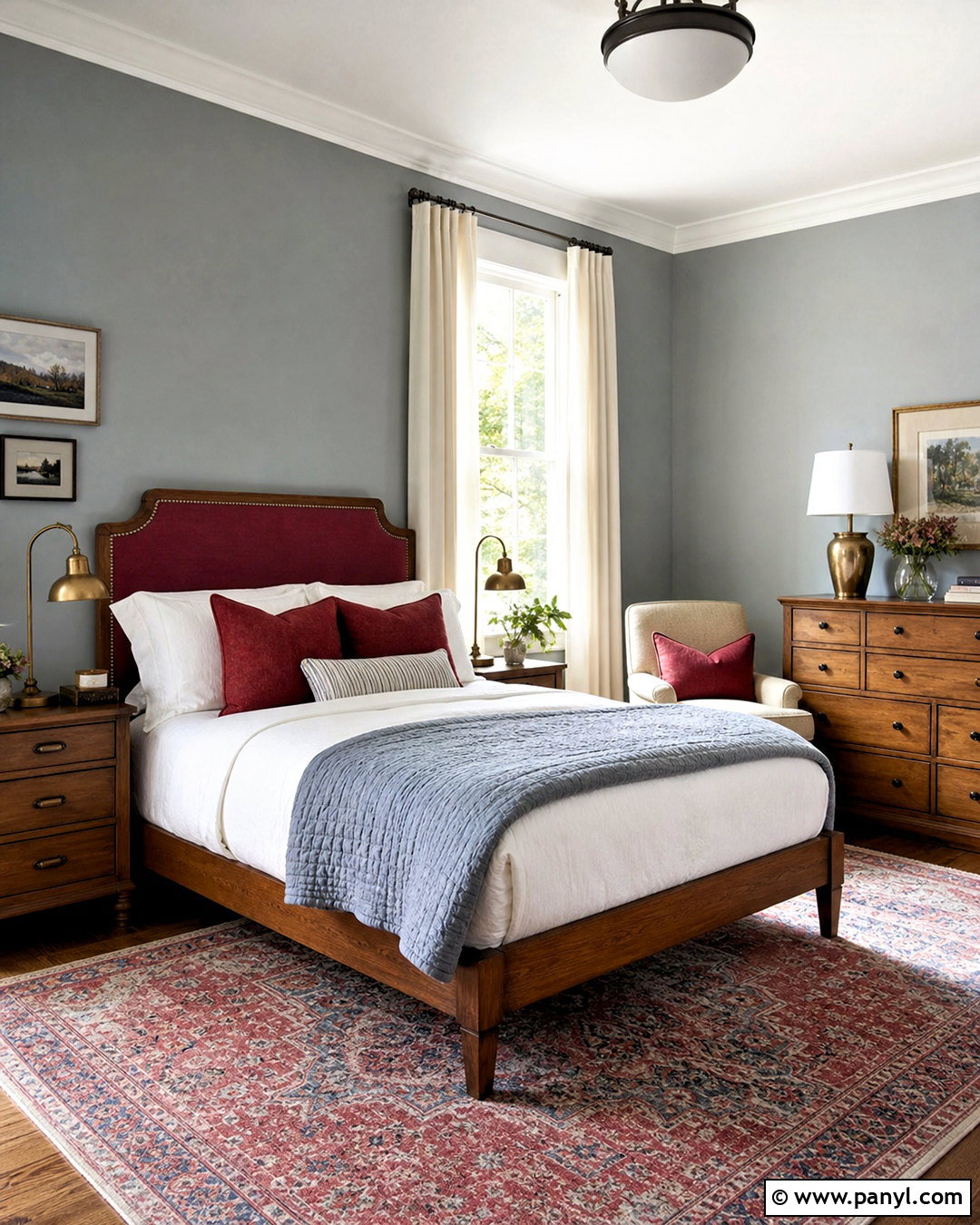 Cranberry Red And Blue-Gray Guest Room - 20 red color palette ideas