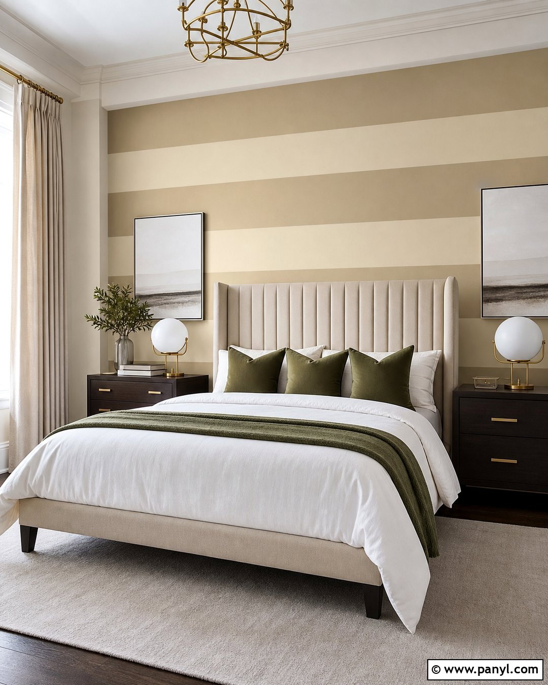 Cream And Gold Wide Stripe Bedroom Wall - 35 gold stripe wall ideas