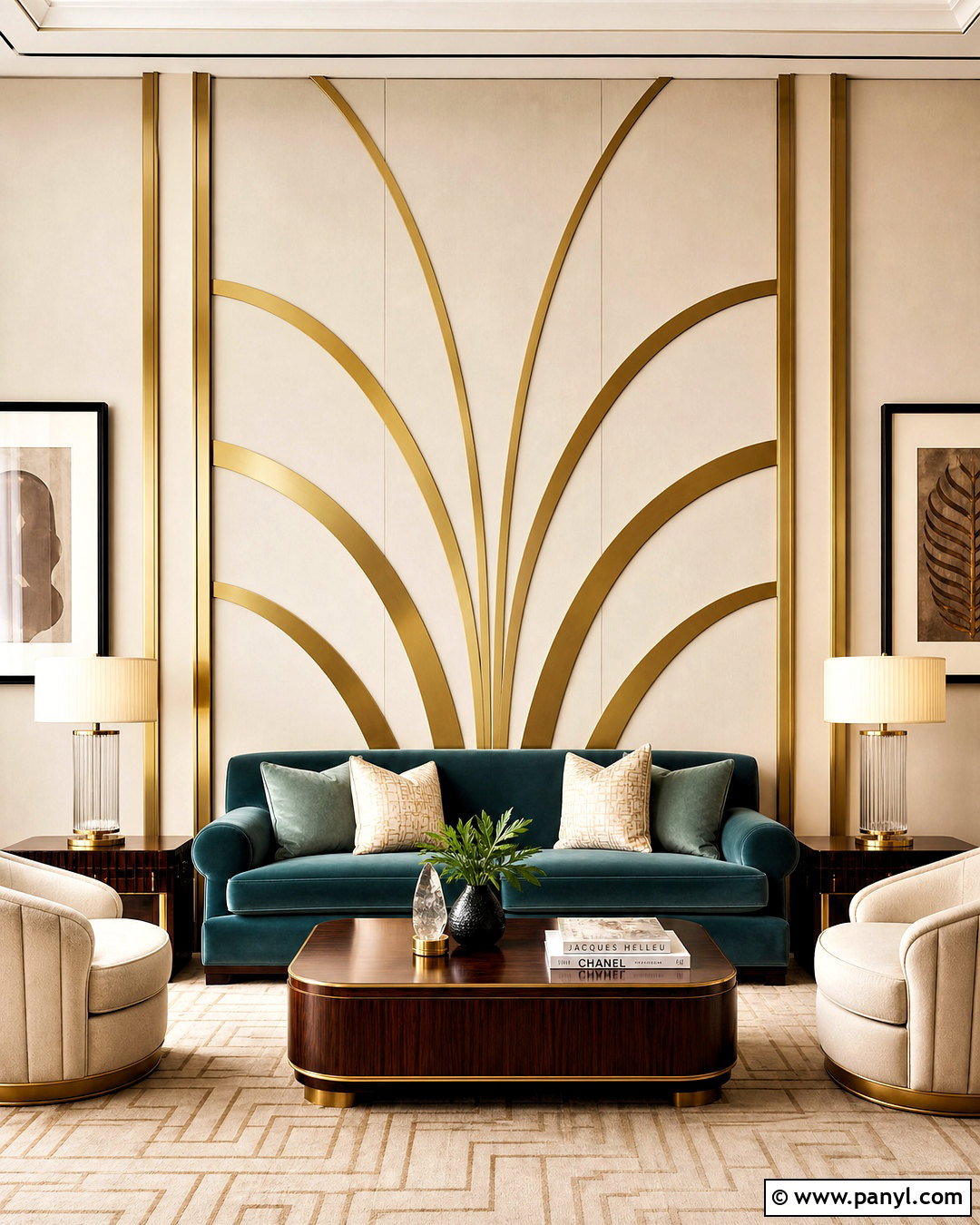 Cream Art Deco Wall With Gold Fan Strips - 20 golden strips on wall ideas