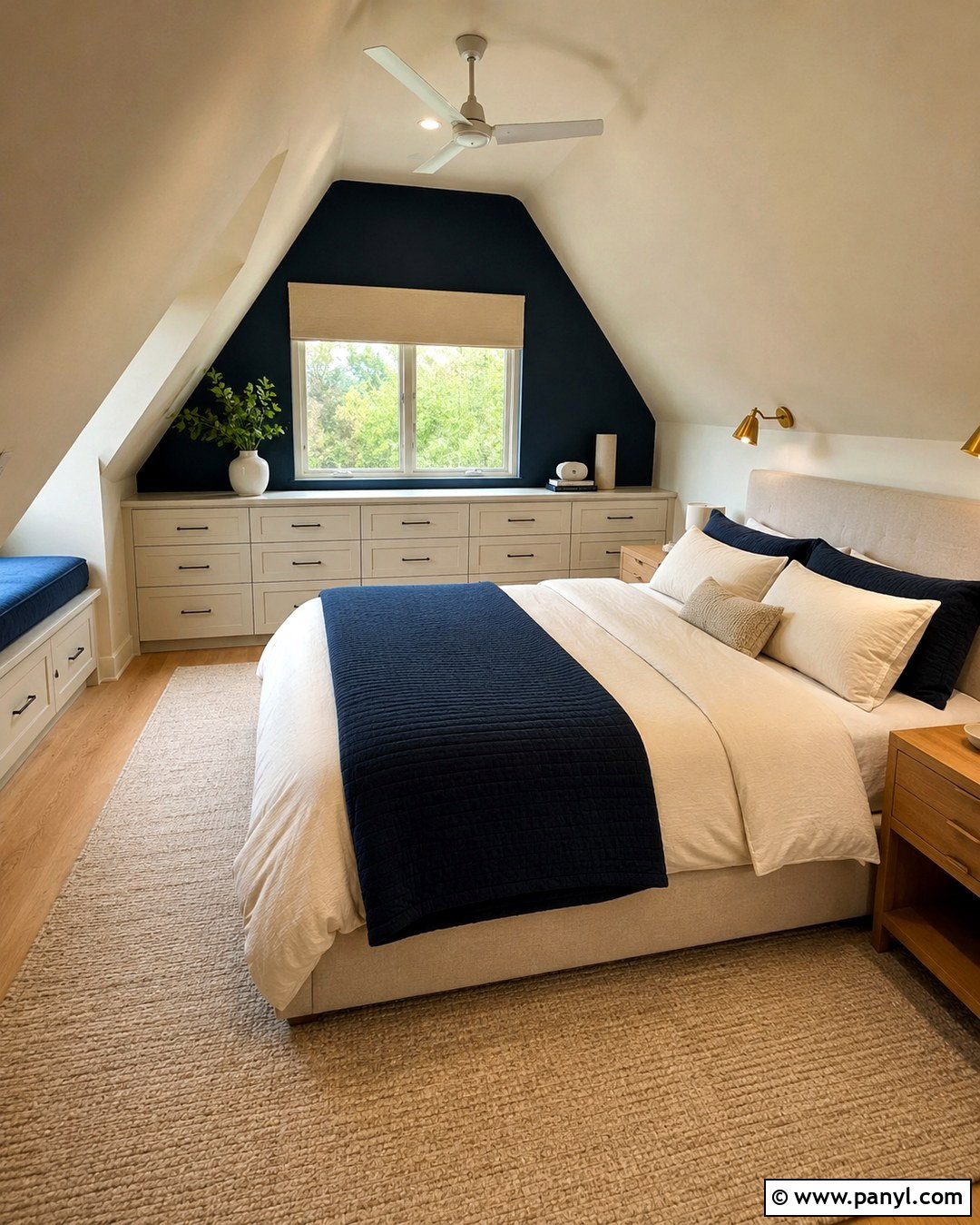 Cream Attic Bedroom With Navy Blue End Wall - 20 Navy Blue And Cream Walls