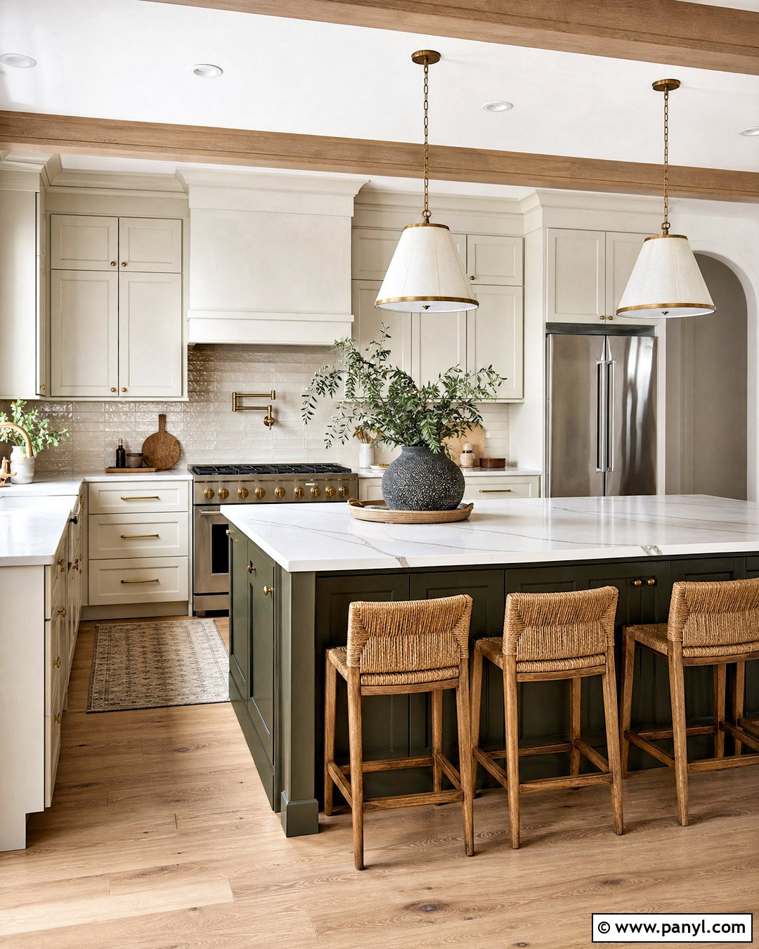 Cream Cabinets With A Green Island - 20 kitchen cabinet color ideas