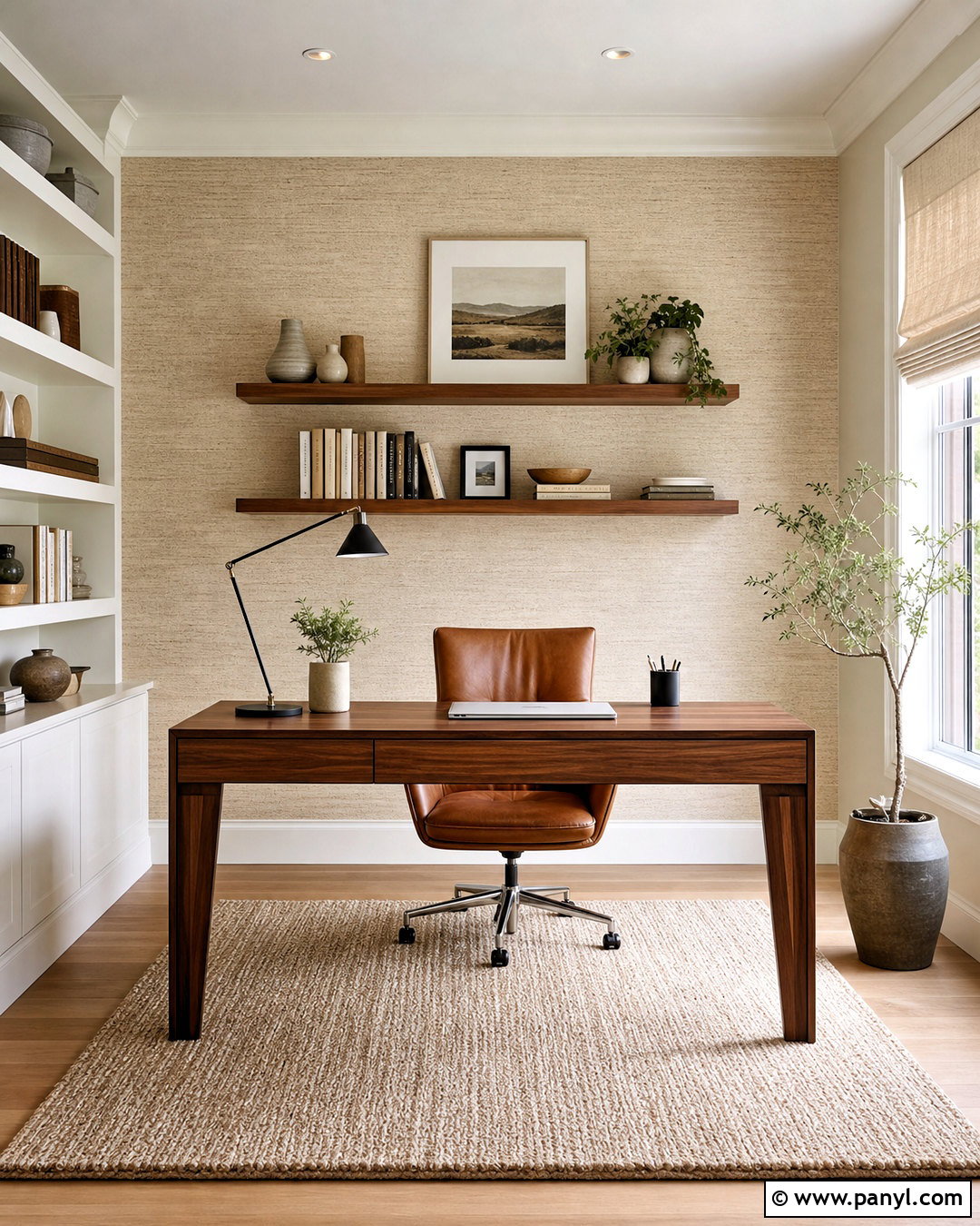 Cream Grasscloth Home Office Accent Wall - 20 neutral accent wall ideas