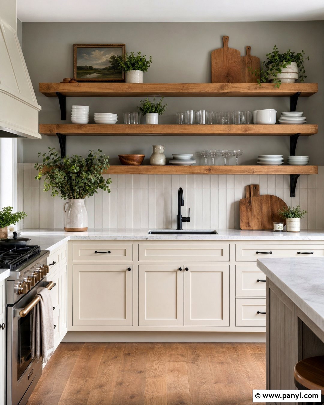 Cream Kitchen With Open Oak Shelving - 20 Cream Kitchen With Grey Walls