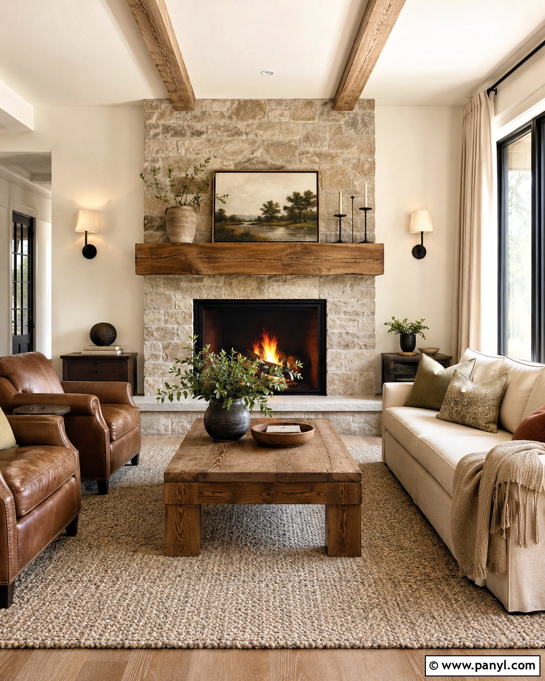 Cream Living Room With A Stone Fireplace - 20 cream paint living room ideas