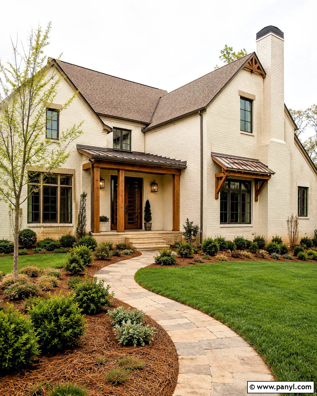 Cream Painted Brick With Wood Accents - 20 painted brick house before and after ideas
