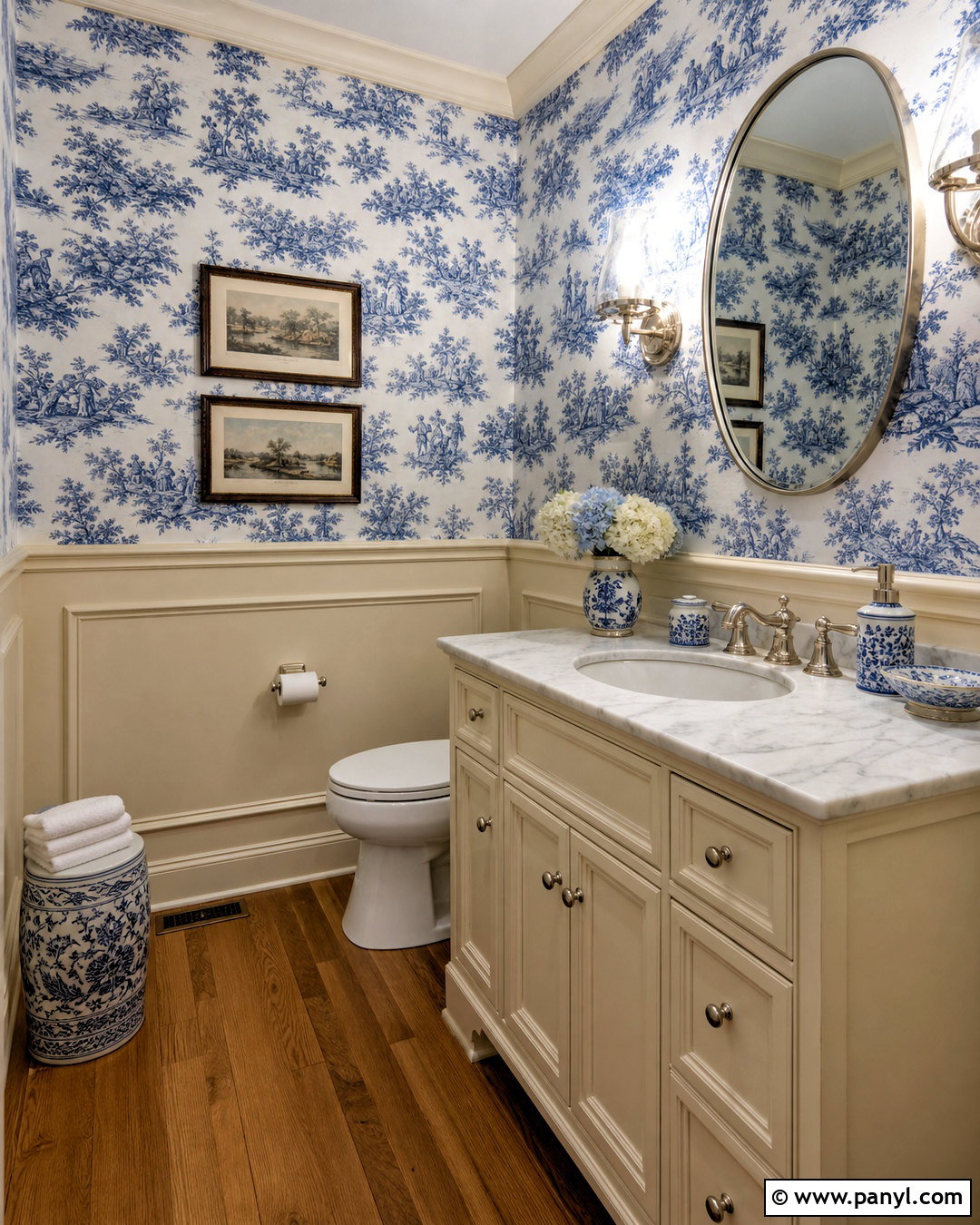 Cream Paneling With Toile Wallpaper - 20 half wallpaper half paneling ideas
