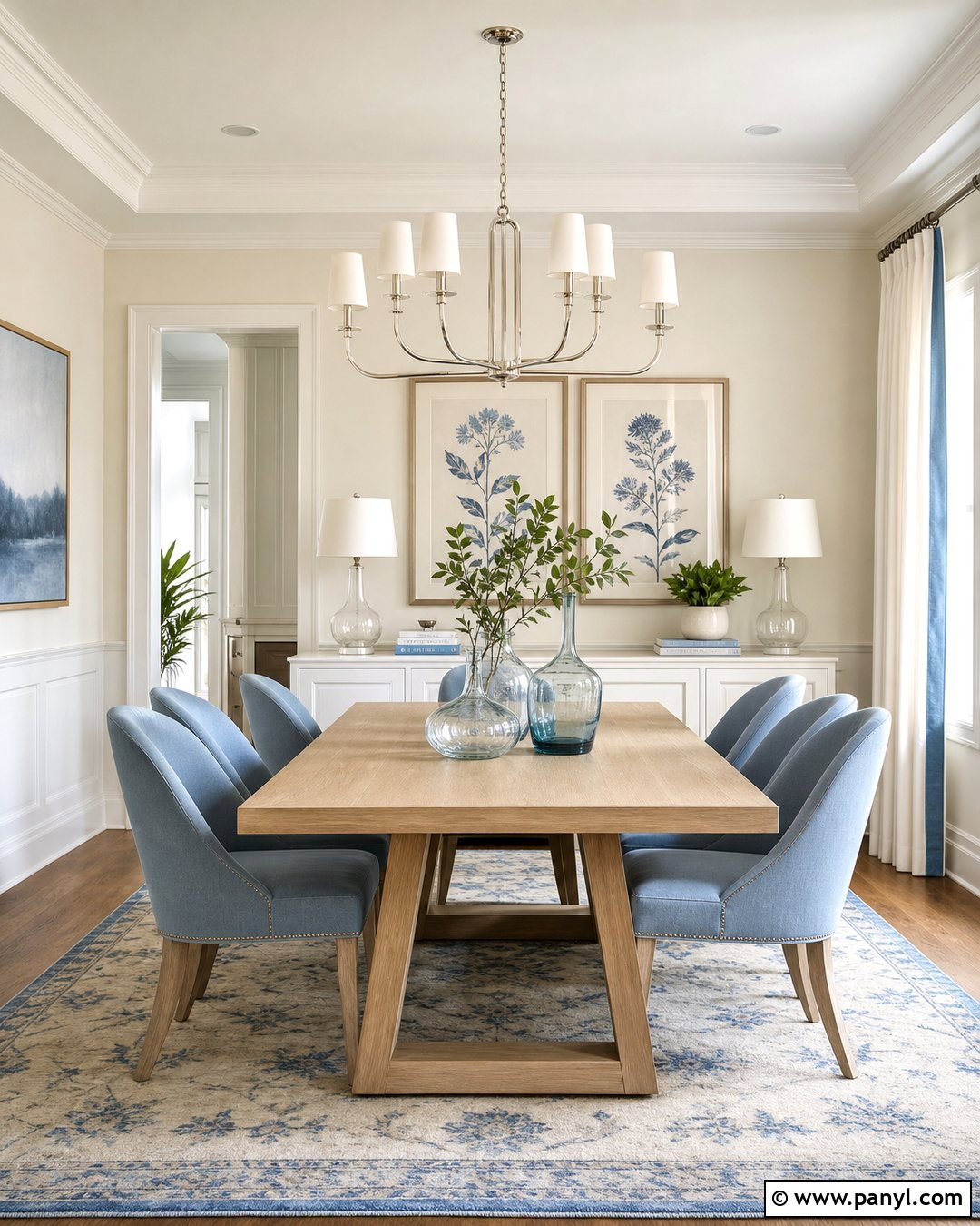 Cream Walls Dining Room With Blue Accents - 30 Cream Walls With White Trim Ideas