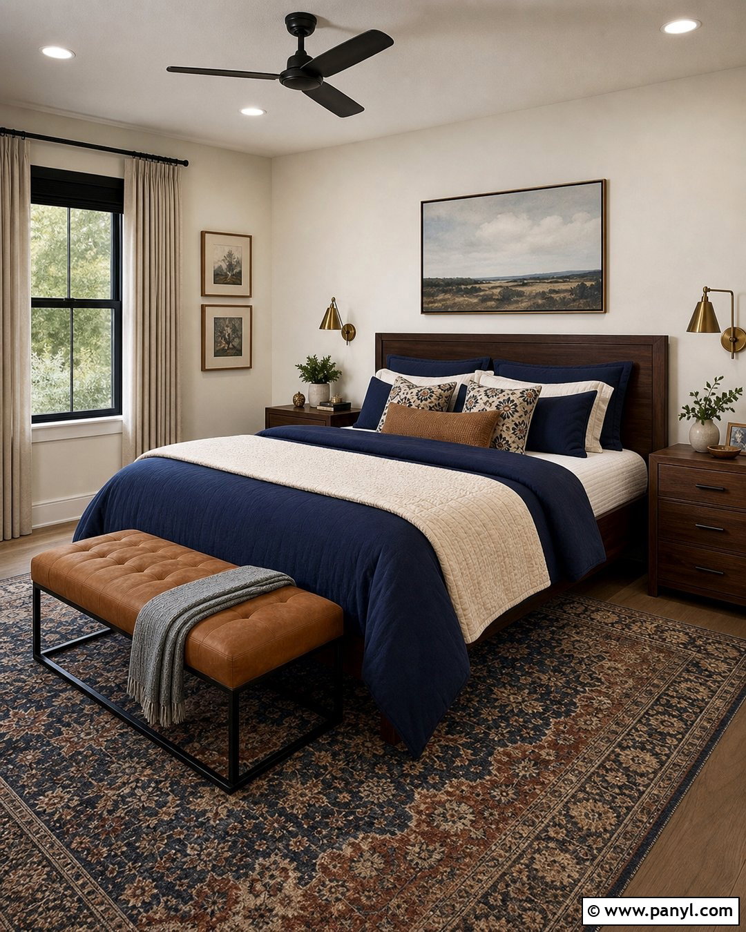 Cream Walls With Deep Blue Bedding - 25 Creamy Walls
