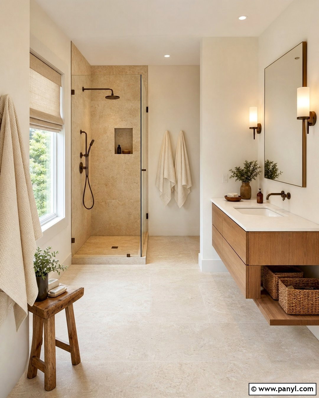 Cream Walls With Natural Stone Bathroom - 25 Creamy Walls