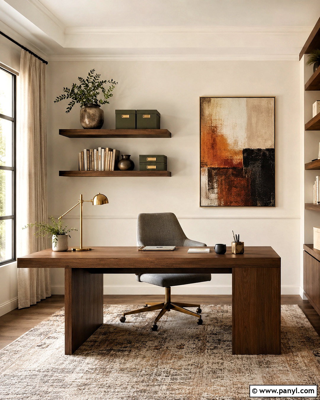 Cream White Home Office With Walnut Shelves - 20 cream white paint ideas