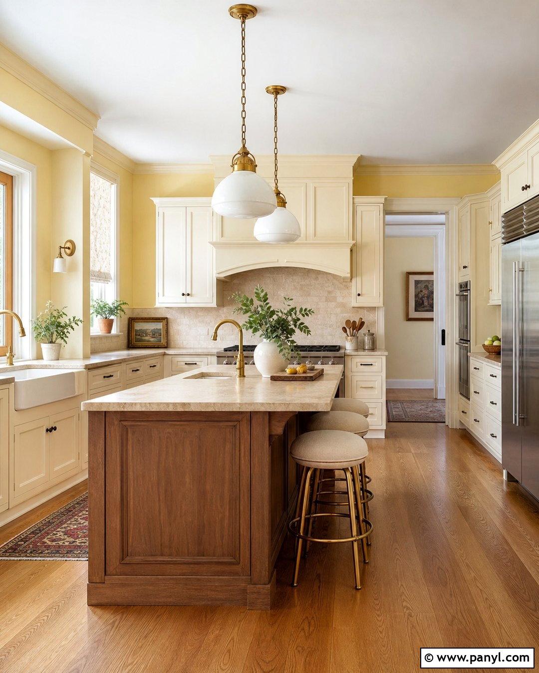 Creamy Yellow Walls With Off-White Cabinets - 30 Yellow Walls Kitchen Ideas
